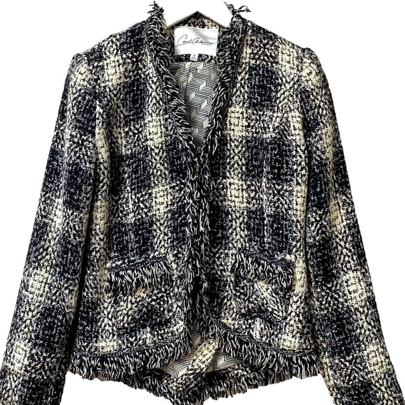 CAROL ANDERSON  Tweed Fringe Blazer Size 2  Luxury Jacket Black Cream - Picture 1 of 11